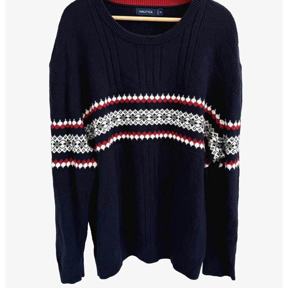 Vtg Nautica Mens XXL Knit Sweater Blue Red Fair Isle Nordic Preppy Y2K 90s Ski - Picture 2 of 11